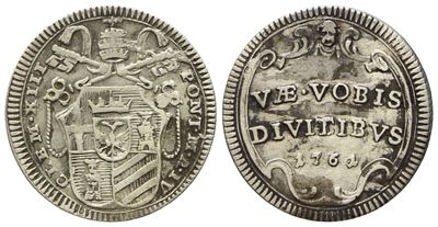 Stato Pontificio. Roma. Clemente XIII (1758 - 1769). Mezzo Grosso 1761, Anno IV. Ag (g 0,63; MM 1...