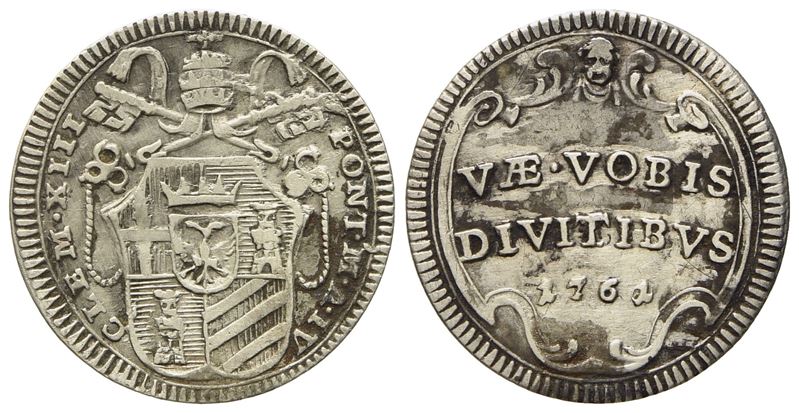 Stato Pontificio. Roma. Clemente XIII (1758 - 1769). Mezzo Grosso 1761, Anno IV. Ag (g 0,63; MM 1...