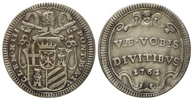 Stato Pontificio. Roma. Clemente XIII (1758 - 1769). Mezzo Grosso 1761, Anno IV. Ag (g 0,62; MM 1...