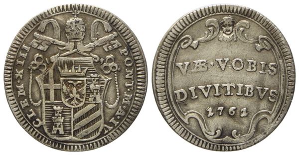 STATO PONTIFICIO. Roma. Clemente XIII (1758 - 1769). Mezzo grosso 1761, anno IV. Ag (g 0,62; mm 16,5).  - Auction Modern Coins - Bertolami Fine Art - Casa d'Aste