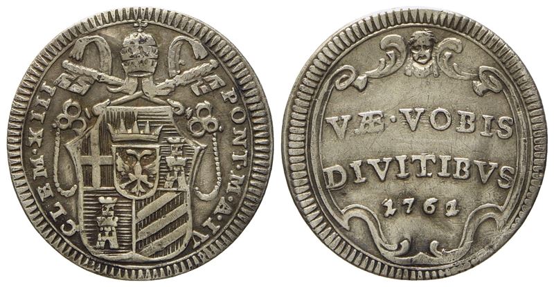 Stato Pontificio. Roma. Clemente XIII (1758 - 1769). Mezzo Grosso 1761, Anno IV. Ag (g 0,62; MM 1...