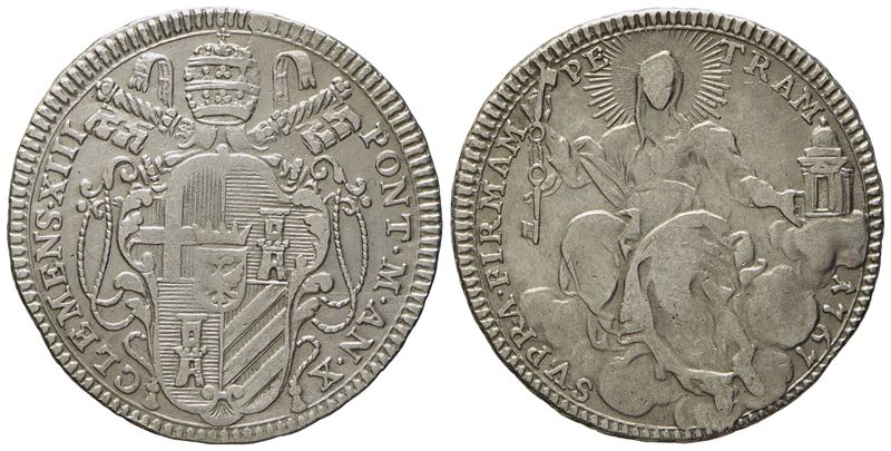 Stato Pontificio. Roma. Clemente XIII (1758 - 1769). Doppio Giulio, Quinto di Scudo 1767, Anno X....