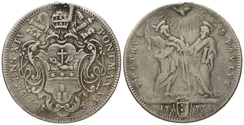 Stato Pontificio. Roma. Clemente XIV (1769-1774). Testone 1773. Ag (g 7,78; MM 30,6).