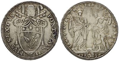 Stato Pontificio. Roma. Pio Vi (1775 - 1799). Testone 1796, Anno XXII. Ag (g 7,87; MM 29,7).