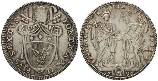 STATO PONTIFICIO. Roma. Pio VI (1775 - 1799). Testone 1796, anno XXII. Ag (g 7,87; mm 29,7).  - Asta Monete e medaglie medievali e moderne italiane ed estere - Bertolami Fine Art - Casa d'Aste