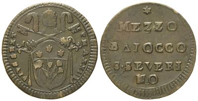 Stato Pontificio. San Severino. Pio Vi (1775 - 1799). Mezzo Baiocco 1797, Anno XXIII. Cu (g 3,65;...