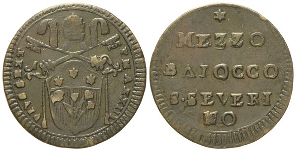 STATO PONTIFICIO. San Severino. Pio VI (1775 - 1799). Mezzo baiocco 1797, anno XXIII. Cu (g 3,65; mm 24).