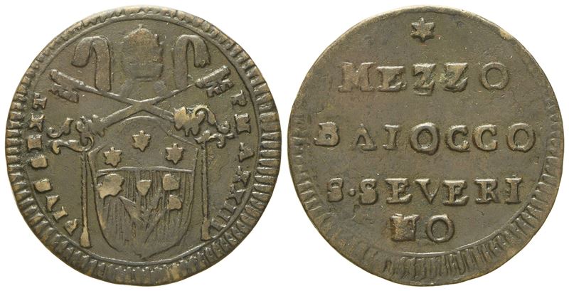 Stato Pontificio. San Severino. Pio Vi (1775 - 1799). Mezzo Baiocco 1797, Anno XXIII. Cu (g 3,65;...