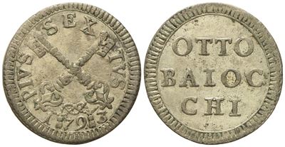 Stato Pontificio. Roma. Pio Vi (1775 - 1799). 8 Baiocchi 1793. Mi (g 4,94; MM 25,3).