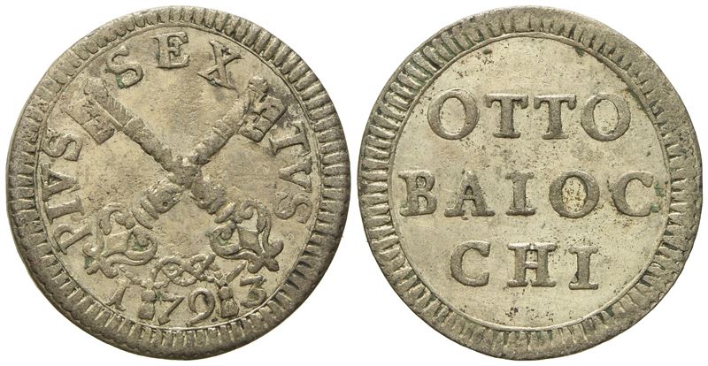 Stato Pontificio. Roma. Pio Vi (1775 - 1799). 8 Baiocchi 1793. Mi (g 4,94; MM 25,3).