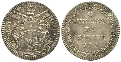 Stato Pontificio. Roma. Pio Vi (1775 - 1799). Grosso 1777, Anno III. Ag (g 1,31; MM 19,2).