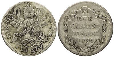 Stato Pontificio. Roma. Pio Vi (1775 - 1799). 2 Carlini Romani 1780, Anno Vi. Mi (g 5,42; MM 27,9...