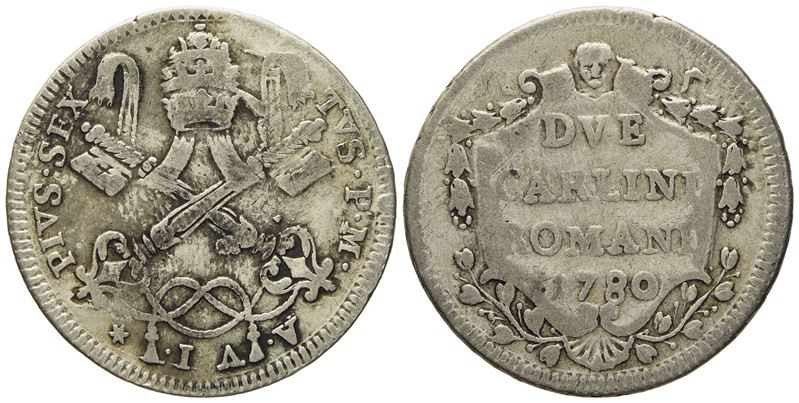 Stato Pontificio. Roma. Pio Vi (1775 - 1799). 2 Carlini Romani 1780, Anno Vi. Mi (g 5,42; MM 27,9...