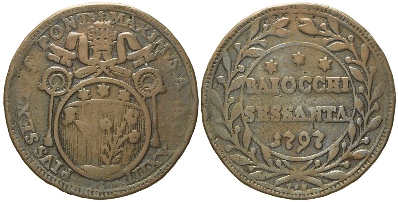 Stato Pontificio. Roma. Pio Vi (1775 - 1799). 60 Baiocchi 1797, Anno XXIII. Mi (g 14,57; MM 36).