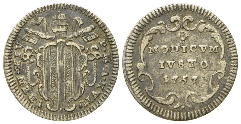 Stato Pontificio. Roma. Benedetto XIV (1740 - 1758). Mezzo Grosso 1757. Ag (g 0,69; MM 15,7).