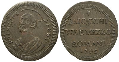 Stato Pontificio. Roma. Pio Vi (1775 - 1799). Due Baiocchi e Mezzo 1795 "princeps Apost". Cu (g 1...