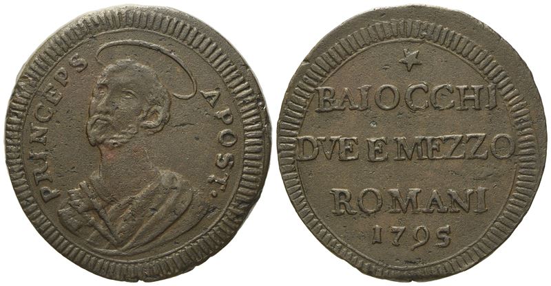 Stato Pontificio. Roma. Pio Vi (1775 - 1799). Due Baiocchi e Mezzo 1795 "princeps Apost". Cu (g 1...