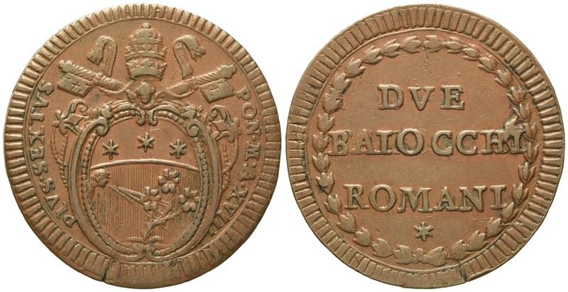 Stato Pontificio. Roma. Pio Vi (1775 - 1799). 2 Baiocchi Anno XVIII. Cu (g 24,67; MM 38,02).