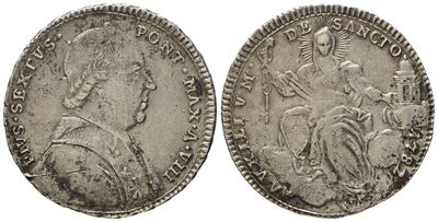 Stato Pontificio. Roma. Pio Vi (1775 - 1799). Doppio Giulio, Quinto di Scudo 1782, Anno VIII. Ag ...