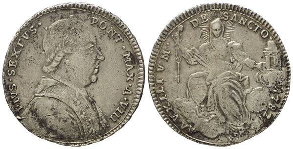 STATO PONTIFICIO. Roma. Pio VI (1775 - 1799). Doppio giulio, quinto di scudo 1782, anno VIII. Ag (g 5,31; mm 25,4).