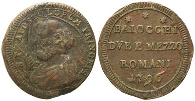 Stato Pontificio. Roma. Pio Vi (1775 - 1799). Due Baiocchi e Mezzo 1796. Cu (g 15; MM 29,9).