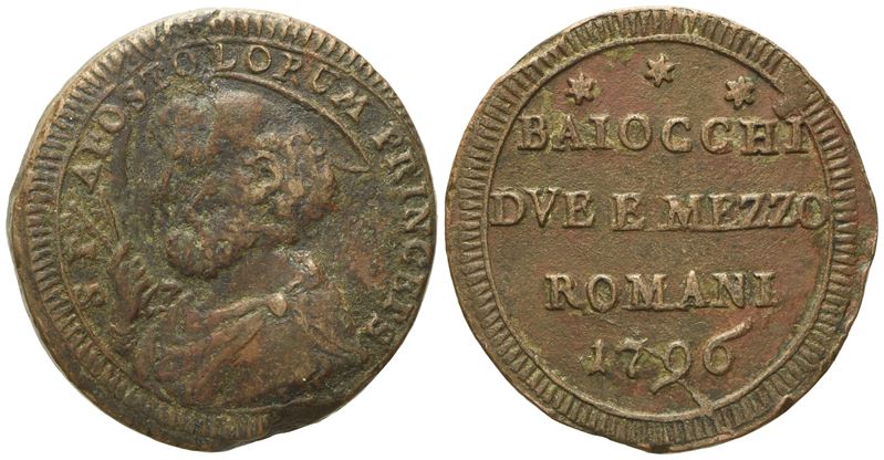 Stato Pontificio. Roma. Pio Vi (1775 - 1799). Due Baiocchi e Mezzo 1796. Cu (g 15; MM 29,9).