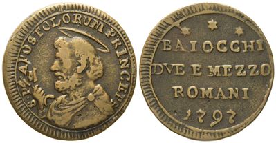 Stato Pontificio. Roma. Pio Vi (1775 - 1799). Due Baiocchi e Mezzo 1797. Cu (g 12,89; MM 30).