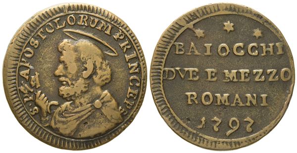 STATO PONTIFICIO. Roma. Pio VI (1775 - 1799). Due baiocchi e mezzo 1797. Cu (g 12,89; mm 30).  - Asta Monete e medaglie medievali e moderne italiane ed estere - Bertolami Fine Art - Casa d'Aste