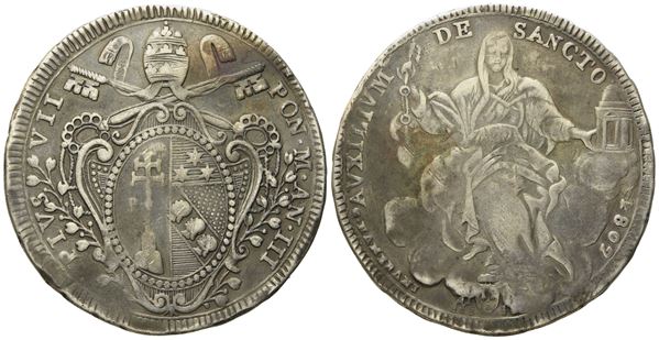 STATO PONTIFICIO. Pio VII (1800-1823). Scudo 1802, anno III. Gig.22; Ag; 25,84gr; 40,4mm.