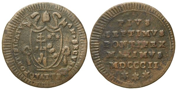 STATO PONTIFICIO. Pio VII (1800-1823). Quattrino 1802. Gig.70; Cu; 2,49gr; 21,7mm