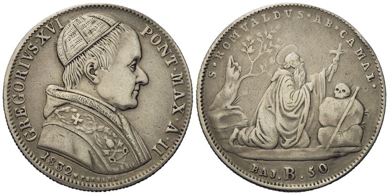 Stato Pontificio. Bologna. Gregorio XVI (1831 - 1846). 50 Baiocchi 1832. Ag (g 12,26; MM 30,9).