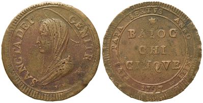 Stato Pontificio. Roma. Pio Vi (1775 - 1799). 5 Baiocchi 1797, Anno XXIII. Cu (g 18,97; MM 32,5).