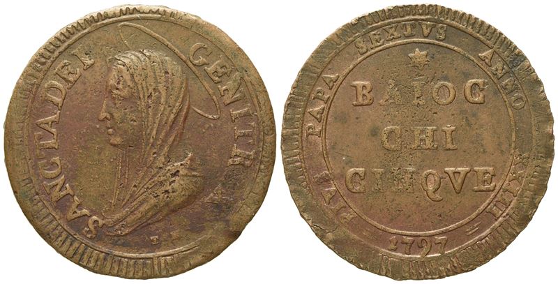 Stato Pontificio. Roma. Pio Vi (1775 - 1799). 5 Baiocchi 1797, Anno XXIII. Cu (g 18,97; MM 32,5).