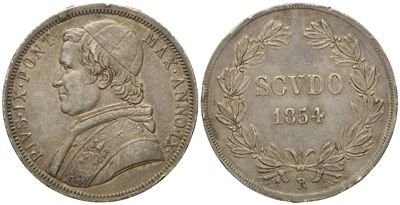 Stato Pontificio. Roma. Pio IX (1846 - 1870). Scudo 1854, Anno IX. Ag (g 26,86; MM 37,4).