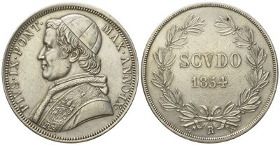 Stato Pontificio. Roma. Pio IX (1846 - 1870). Scudo 1854, Anno IX. Ag (g 26,74; MM 37,5).