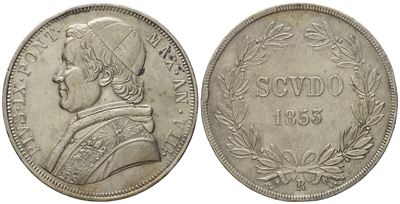 Stato Pontificio. Roma. Pio IX (1846 - 1870). Scudo 1853, Anno VIII. Ag (g 26,74; MM 37,3).