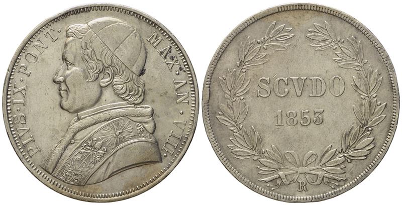 Stato Pontificio. Roma. Pio IX (1846 - 1870). Scudo 1853, Anno VIII. Ag (g 26,74; MM 37,3).