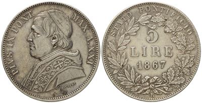 Stato Pontificio. Roma. Pio IX (1846 - 1870). 5 Lire 1867. Ag (g 25,03; MM 37,3).