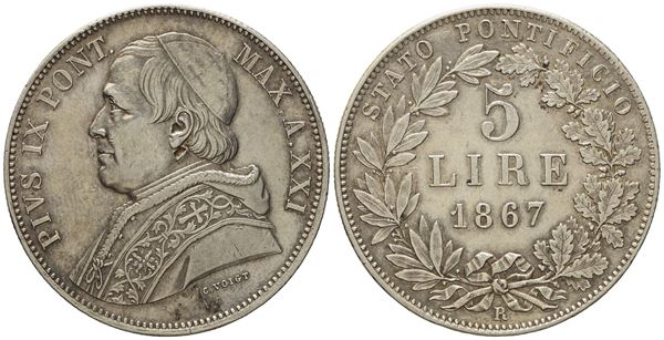 STATO PONTIFICIO. ROMA. Pio IX (1846-1870). 5 Lire 1867. Gig.261; Ag; 25,03gr; 37,3mm; Raro. Minima screpolatura al dritto.
