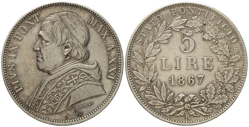 Stato Pontificio. Roma. Pio IX (1846 - 1870). 5 Lire 1867. Ag (g 25,03; MM 37,3).