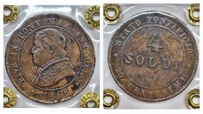 Stato Pontificio. Roma. Pio IX (1846-1870). 4 Soldi 1866. Gig.316; Cu: Sigillato Hatria Spl