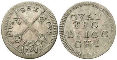 Pio VI (1775-1799), Stato Pontificio: 4 Baiocchi 1793, chiavi decussate e iscrizione "QVAT[T]RO B...