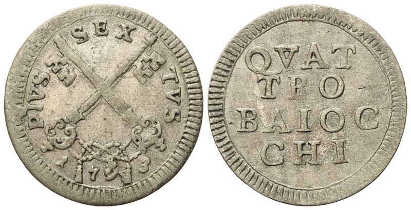 Stato Pontificio. Roma. Pio Vi (1775 - 1799). 4 Baiocchi 1793. Ag (g 2,52; MM 22,8).