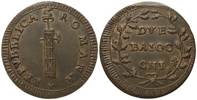 Roma. Prima Repubblica Romana (1798-1799). 2 Baiocchi Senza Data. Cu (g 18,34; MM 35).