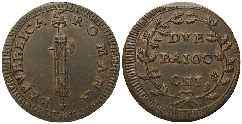 Roma. Prima Repubblica Romana (1798-1799). 2 Baiocchi Senza Data. Cu (g 18,34; MM 35).