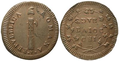 Roma. Prima Repubblica Romana (1798 - 1799). 2 Baiocchi, Senza Data (6° Tipo; Sigle t.M.). Cu (17...