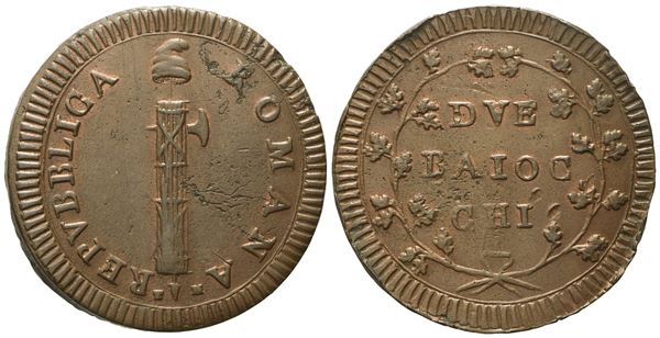 ROMA. Prima Repubblica Romana (1798 - 1799). 2 Baiocchi, senza data (6° tipo; sigle T.M.). Cu (17,22 g; 35,9 mm)  - Asta Monete e medaglie medievali e moderne italiane ed estere - Bertolami Fine Art - Casa d'Aste