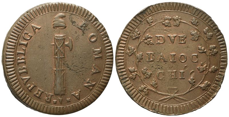 Roma. Prima Repubblica Romana (1798 - 1799). 2 Baiocchi, Senza Data (6° Tipo; Sigle t.M.). Cu (17...