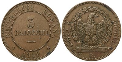 Roma. Seconda Repubblica Romana (1848-1849). 3 Baiocchi 1849. Cu (g 25,45; MM 37,2).
