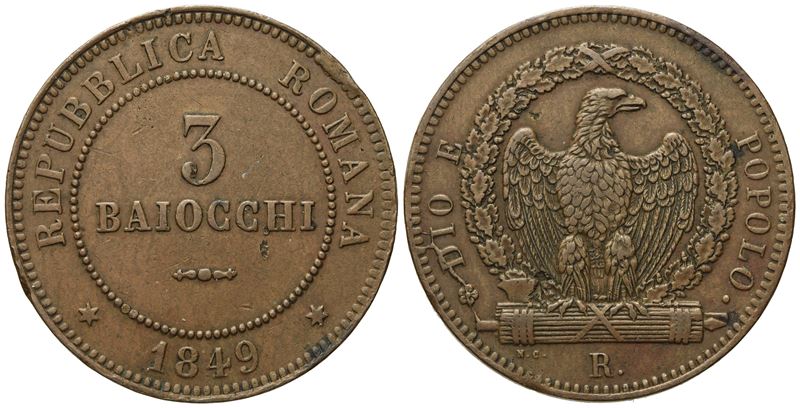 Roma. Seconda Repubblica Romana (1848-1849). 3 Baiocchi 1849. Cu (g 25,45; MM 37,2).